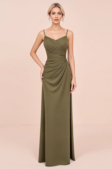 Olive spaghetti bretelles fourreau froncé longue robe de demoiselle d’honneur